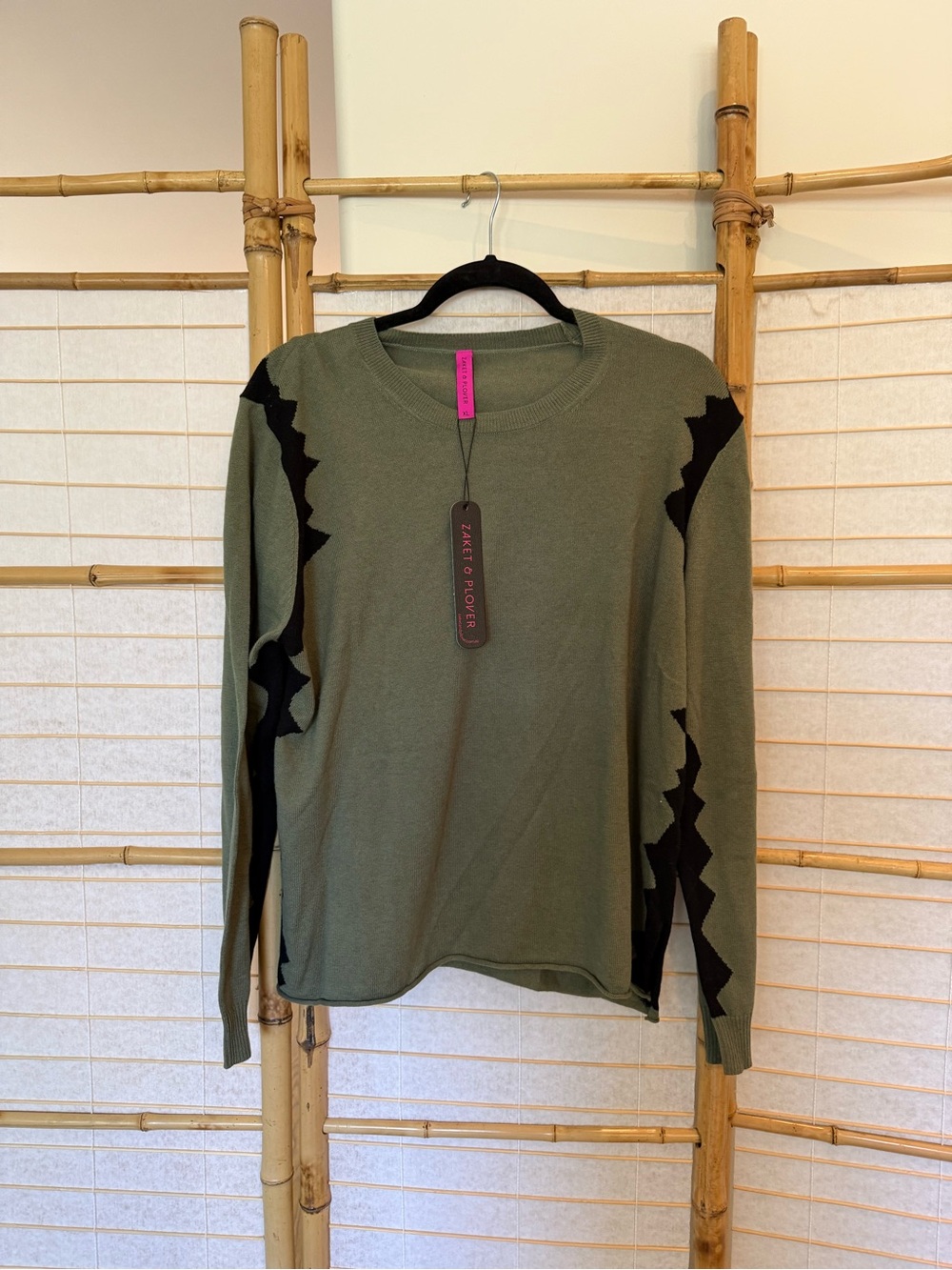 Zaket and Plover Olive Green Crewneck Sweater with Black Geometric Accents